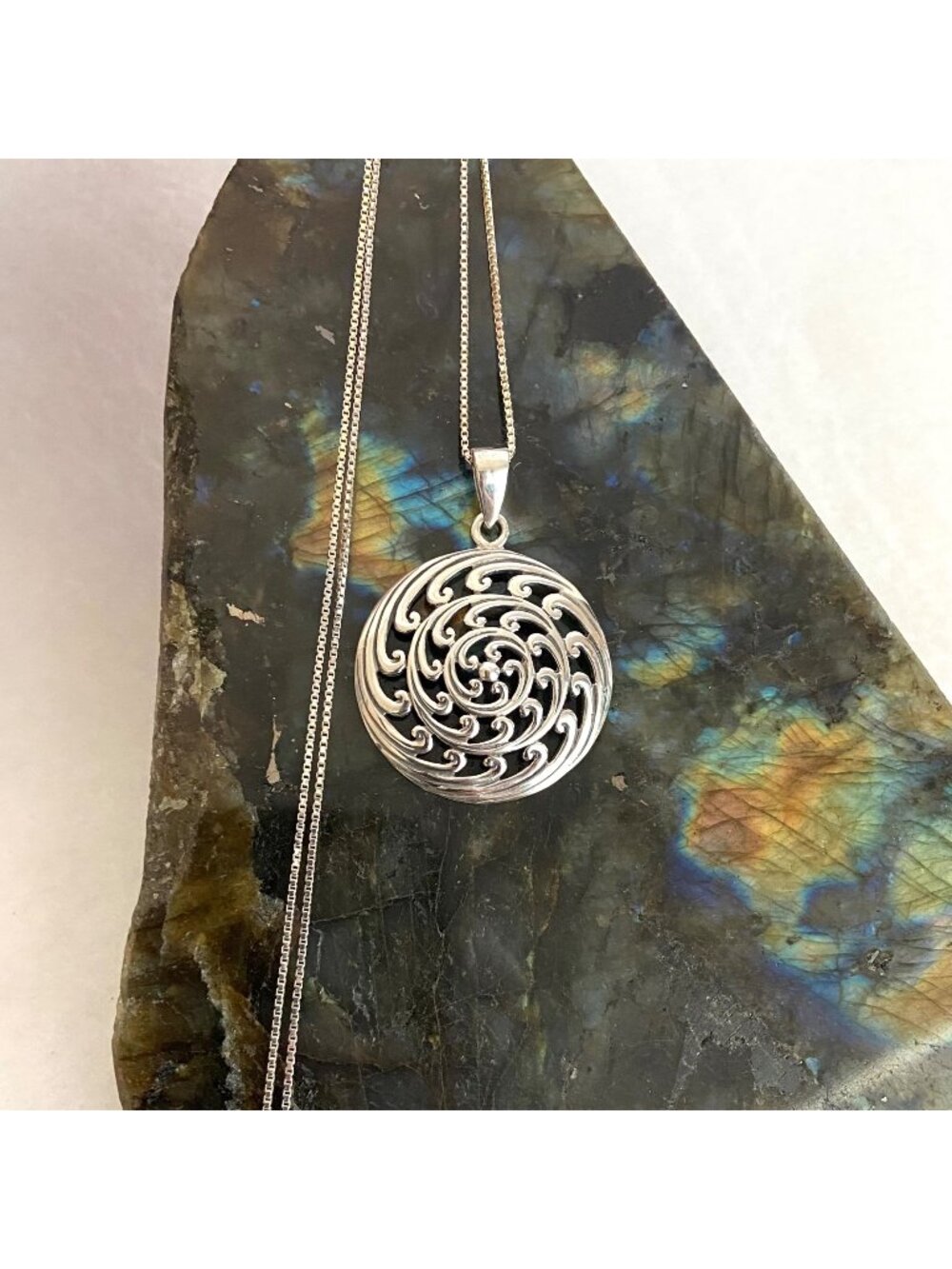 Sterling Silver 925 Round Pierced Spiral Wave Pendant Necklace 20" Chain